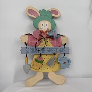 Vintage Wooden Spring Bunny Sign Hand Painted Shabby Chic Cottagecore Folk Art